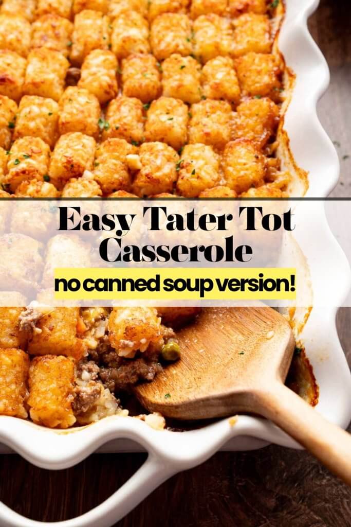 tater tot casserole being spooned out of casserole dish.